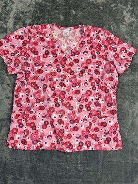 SB Scrubs Pink Floral Print V-Neck Medical Scrub Top XL
